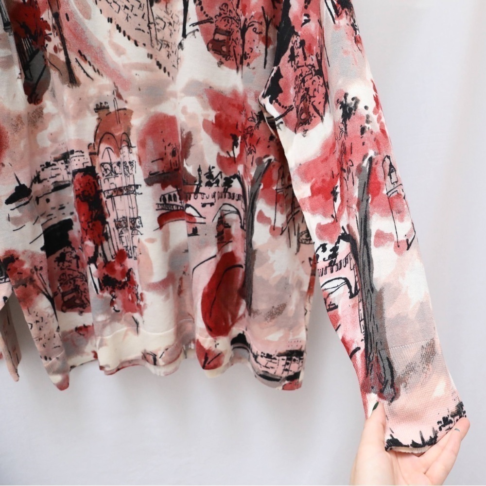 NWT Talbots Soft Merino V-neck Sweater Scenic Autumn City Square print warm 3X - Picture 9 of 10